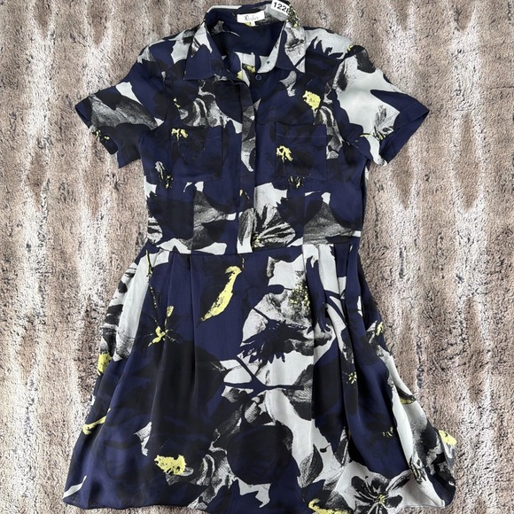 Parker Dresses & Skirts - Parker Kelby Navy Yellow Floral Short Sleeve Button Silk Dress Large Fit Flare